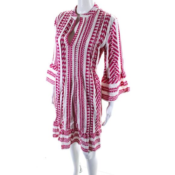 BB Boo Gemes Womens Geometric V Neck Long Sleeved Tunic Dress Pink White Size S - Picture 2 of 5